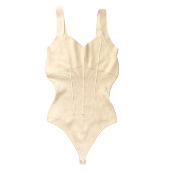 Abercrombie & Fitch‎ cream V-neck ribbed sweater bodysuit, L Nwot - Picture 1 of 5